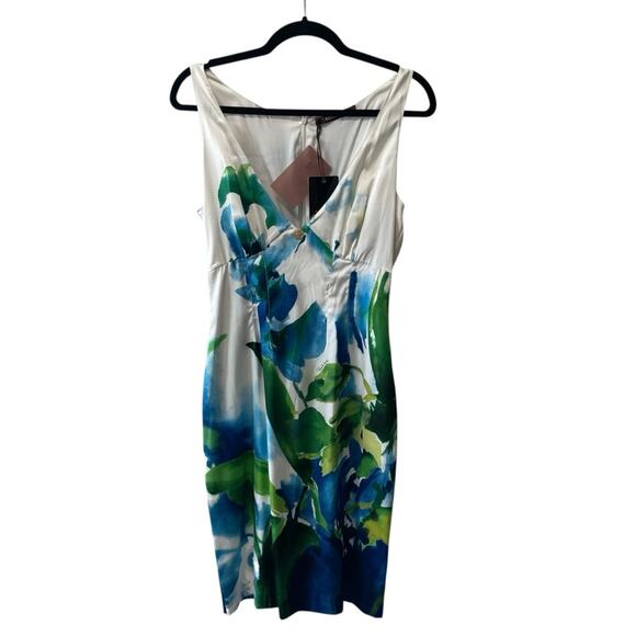Roberto Cavalli Silk Sleeveless V Neck Floral Sheath Dress Ivory Multi Size 8